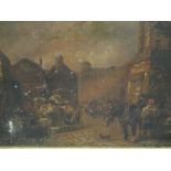 A pair of 19th century varnished lithograph prints, street scenes with horses, in gilt gesso moulded