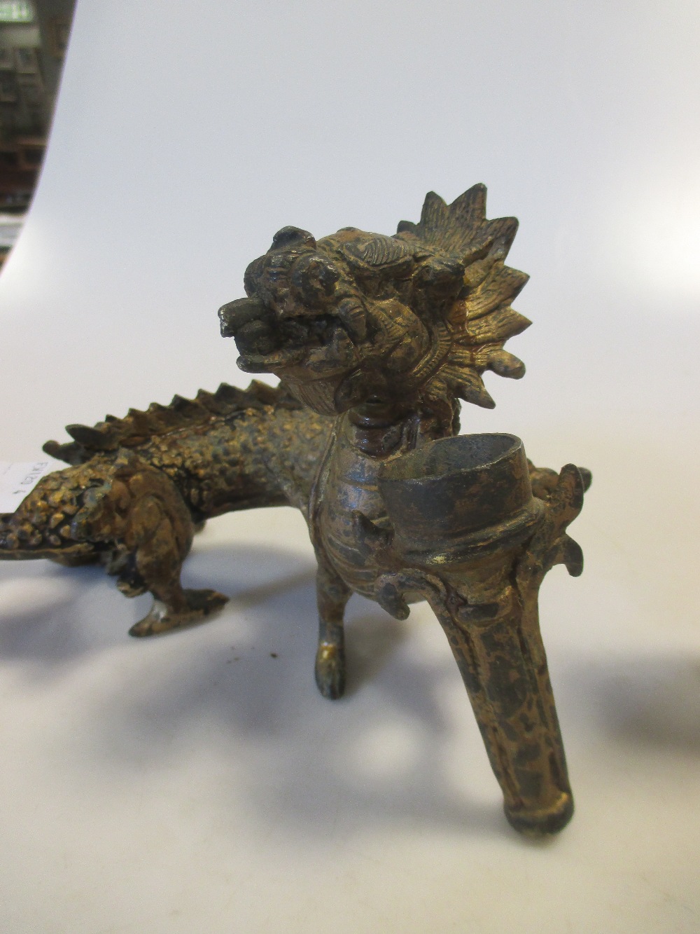 A cast metal dragon candleholder and pair of small lacquered Japanese bronze vases (3) - Image 2 of 3