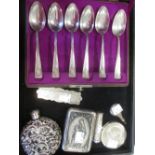 6 spoons, 2 x scent bottles, comb, compact, lipstick holder & tobacco box (7)
