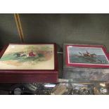 An electroplate cigar box & a leather jewellery box, each with inset hunting print to lid