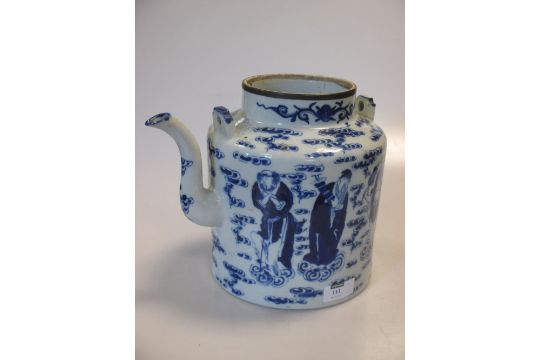 A 19th century Chinese blue and white wine pot, the body decorated with stylised clouds and - Image 1 of 6