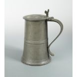 An 18th century Scottish pewter lidded flagon by Robert Kinniburgh, with uptapering banded body,