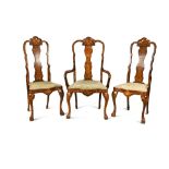 A 19th century Dutch marquetry inlaid mahogany armchair, and a pair of matching side chairs (3)