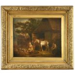 Follower of George Morland (British, 1763-1804) A heavy horse in a farmyard with a woman feeding
