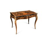 A late 18th century Dutch marquetry inlaid centre table, with gilt mounts and on swept legs 76 x 101