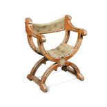 A 19th century Hispano Moresque 'Savonarola' chair, inlaid with bone to the folding frame, with