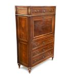 A Louis XVI secretaire mahogany abattant, with a white marble top above a fall containing an
