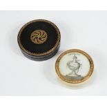 An early 19th century French ivory and yellow metal box and cover, the circular box with
