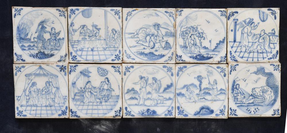 A set of twenty-five 18th century Delft blue and white tiles, probably Bristol, each depicting a