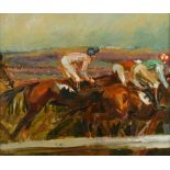 § Tod Ramos (British, b. 1956) Hurdles, Cheltenham signed lower left "Tod R" oil on board 24.50 x