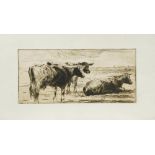 Harry Becker (British, 1865-1928) Cattle at rest (3); Cow being milked etchings, three states of the