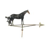 A painted steel weather vane of a Blacksmith shoeing a horse, 75 x 155cm (29 x 60in)