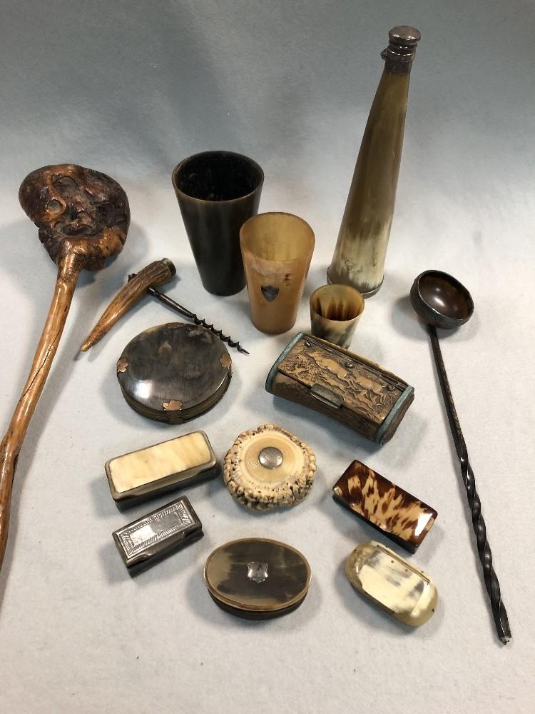 A small collection of horn items, comprising four snuff boxes, a folding magnifying glass, three