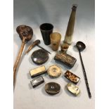 A small collection of horn items, comprising four snuff boxes, a folding magnifying glass, three