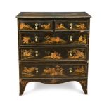 A late George III black japanned chest of drawers, decorated with chinoiseries, on bracket feet