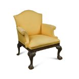 A small George III style armchair, upholstered in a canary yellow fabric, with a vitruvian scroll
