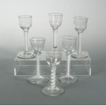 Six George III air twist cordial or wine glasses, on opaque air-twist stems, two with bucket
