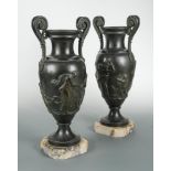 After the Antique, a pair of bronze vases, the twin-handled urns forms cast in relief with Classical