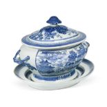 A Chinese blue and white export porcelain two handled tureen, cover and stand, Qing Dynasty, circa