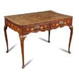 An 18th century Dutch walnut marquetry centre table, fitted end slides, re entrant corners and