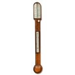 A Victorian Scottish walnut stick barometer, the arched top with ivorine register signed 'Feathers