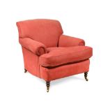 A George Smith armchair, upholstered in a dark pink fabric, with loose cushion seat, on turned