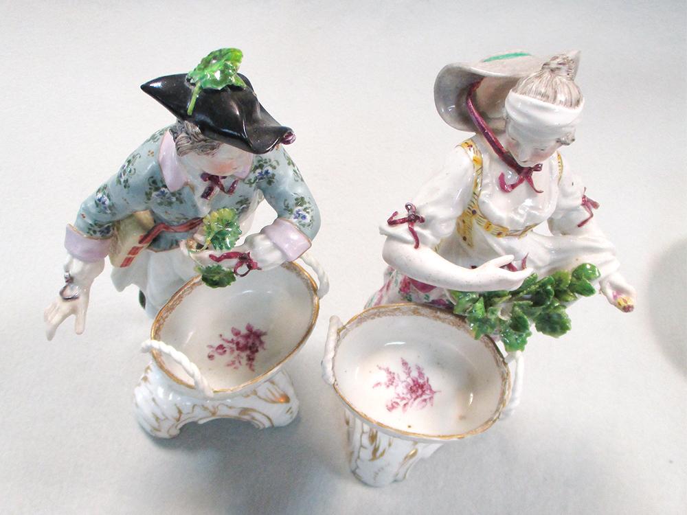 A pair of Berlin figural table salts, modelled as a gallant and his companion, both dressed in - Image 4 of 6