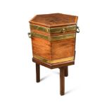 A George III mahogany and brass bound octagonal wine cooler, satinwood banded border decoration to