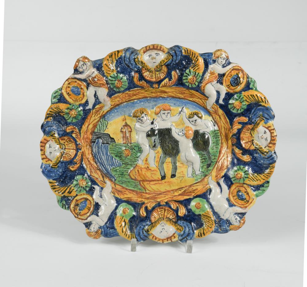 An 18th century Angarano maiolica dish, moulded and painted in green, yellow and blue with four - Image 5 of 5