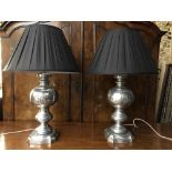 A pair of polished aluminium table lamps, with black fabric shades (2) 74cm (29in)