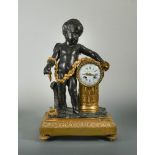 A Louis XVI style bronze and ormolu mantel clock, 19th century, the case in the form of Cupid