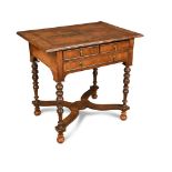 An 18th century walnut lowboy, with quartered veneered top, above two short and one long drawer,