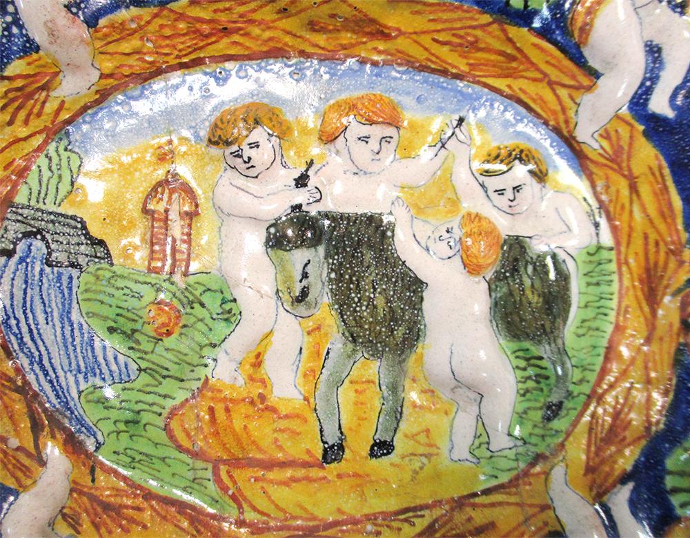 An 18th century Angarano maiolica dish, moulded and painted in green, yellow and blue with four - Image 2 of 5