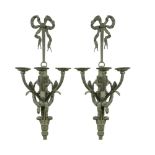 A pair of bronze three branch wall lights, with ribbon swags to top (2) 78cm (30in)