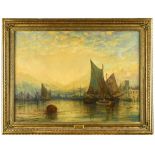 William Edward Webb (British, 1862-1903) Sailing ships in harbour signed "W Webb" lower left oil