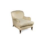 A modern Howard style upholstered armchair, on square tapering mahogany feet, with brass collar