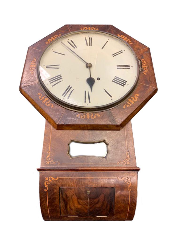 A Victorian walnut and inlaid drop-dial wall timepiece, with a painted dial, Roman numerals with