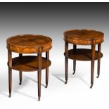 A pair of mahogany drum top lamp tables, with undertiers and on brass casters (2) 69 x 53cm (27 x