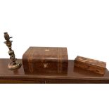 A Victorian burr walnut table box, 35cm (14in) wide, a specimen wood inlaid glove box, 24cm (9.