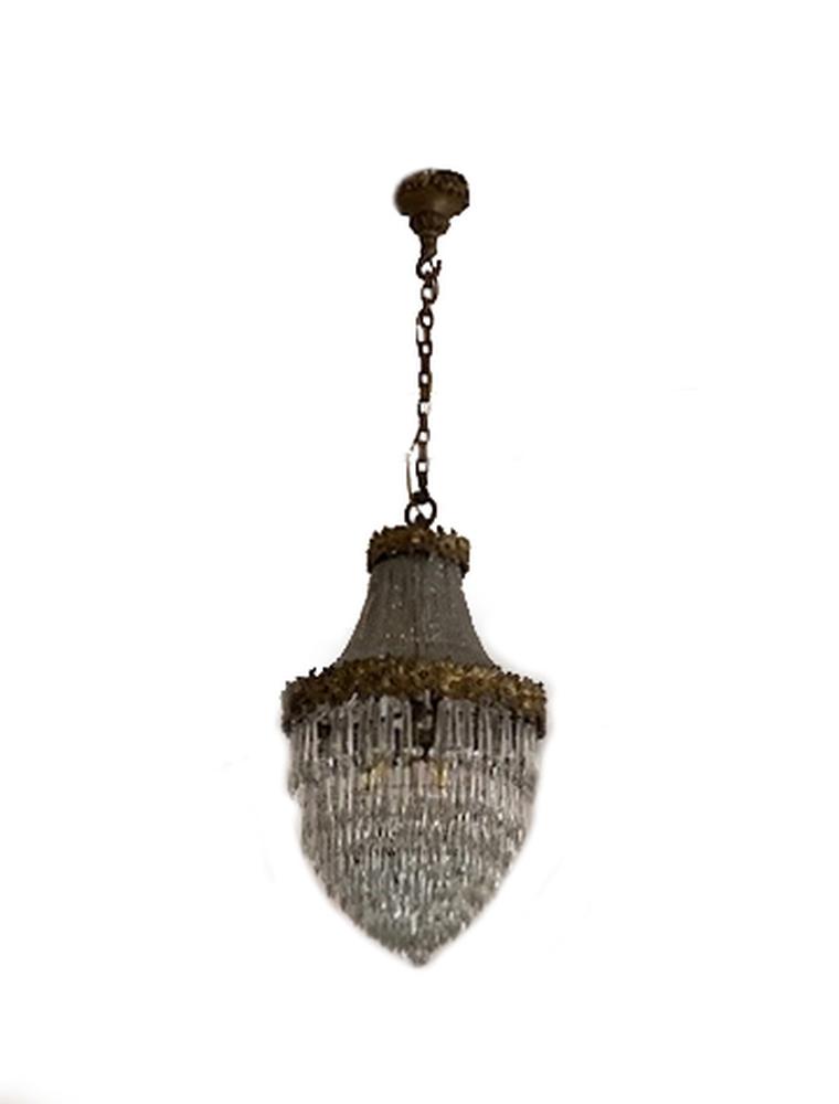 A French ormolu and lustre basket chandelier with foliate chased decoration, 67cm (26.5in) high