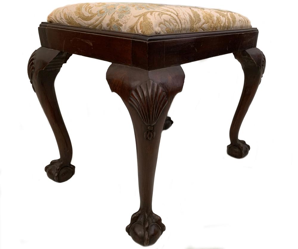 A gilt wood framed footstool, on paw feet, 21 x 52 x 50cm (8.5 x 20.5 x 19.5in) and a mahogany - Image 2 of 2