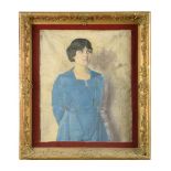 Modern British School, 20th Century Portrait of a young girl, standing, in a blue dress oil on