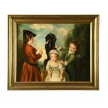 Follower of Philippe Mercier (French, 1689-1760) Three children teaching their black spaniel