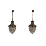 A pair of 19th century French ormolu and lustre basket chandeliers with supporting rings, 67cm (26.