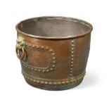 A large 18th century polished copper log bin, with brass lion mask and ring handles 54 x 71cm (21