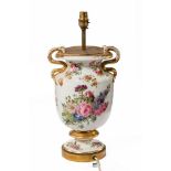 A late 19th century French porcelain vase as a table lamp, the floral painted body with gilt serpent