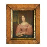 English Provincial School, 18th Century Portrait of a lady, seated, in a pink sprigged dress and