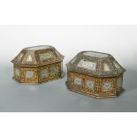 A pair of late 19th century Rajasthani mirror work boxes, with decorated mirrored panels and painted