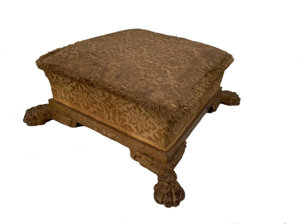 A gilt wood framed footstool, on paw feet, 21 x 52 x 50cm (8.5 x 20.5 x 19.5in) and a mahogany