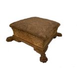 A gilt wood framed footstool, on paw feet, 21 x 52 x 50cm (8.5 x 20.5 x 19.5in) and a mahogany